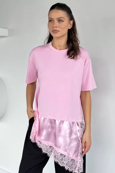 TOZLU Women's Crew Neck Satin and Guipure Embellished Blouse