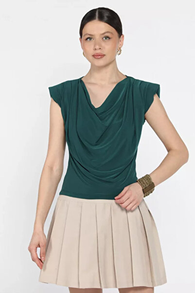 TOZLU Draped Women's Blouse with Shoulder Pads