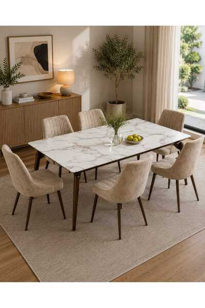 TrentonGCC طقم طاولة طعام رويال رخامية مع 6 كراسي - 160x90x77 سم