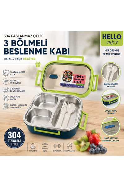 MUZEKO Hello Enjoy 3 Bölmeli Paslanmaz Çelik Yemek Kabı Sızdırmaz Kapaklı Taş...