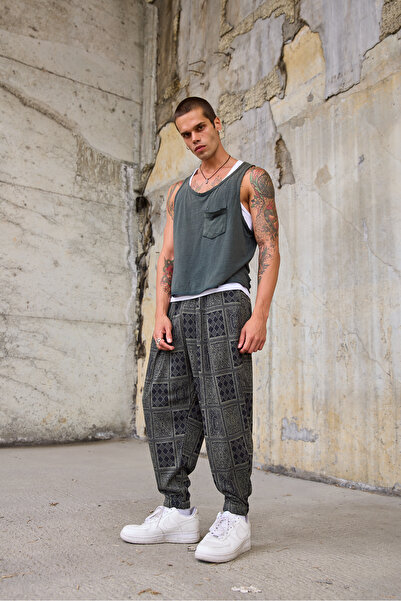 Superbluemexico Men's Pleated Elastic Cuffed Patterned Shalwar Trousers