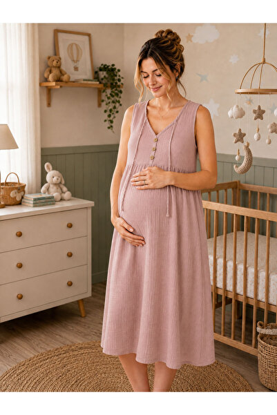 cesita Women's Dusty Rose 100% Cotton Muslin Fabric Casual Maternity Dress