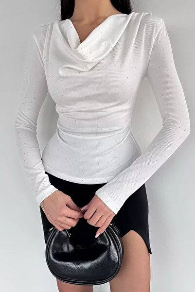 TOZLU Shoulder Padded Collar Blouse with Stones