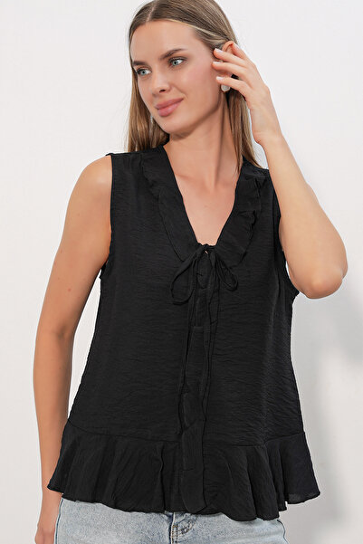 Merterium Women's V-Neck Ruffle Shirt with Tie Detail 1564 - Black