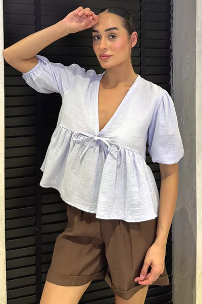 TOZLU Women's V-Neck Muslin Fabric Blouse