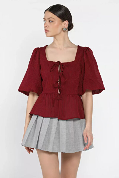 TOZLU Square Neck Tie Front Women's Blouse