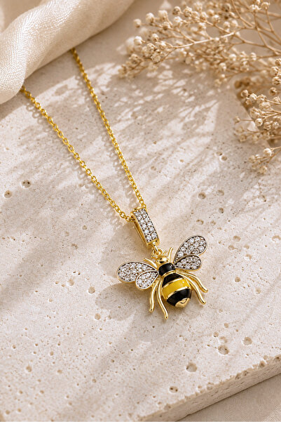 Spossy Silver Jewelry 925 Ayar Gümüş Gold Kaplamalı Mineli Arı Kolye
