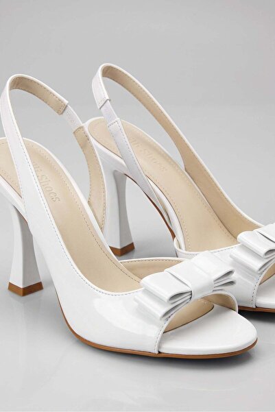 Güllü Shoes White Patent Leather Bow Buckle Detailed Heeled Sandals Open Back...