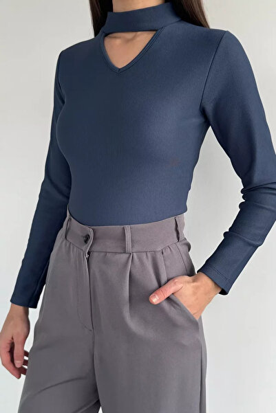 TOZLU Women's Blouse with Front Window and Self-Line Pattern