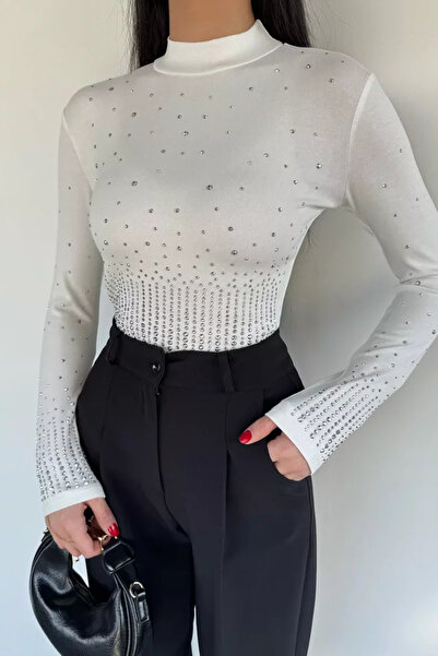 TOZLU Women's Stand Collar Lycra Stone Embroidered Blouse