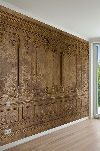 MİRAZAWALL Klasik Varaklı Panel ve Damask Desenli Tek Parça Tekstil Duvar Kağıdı