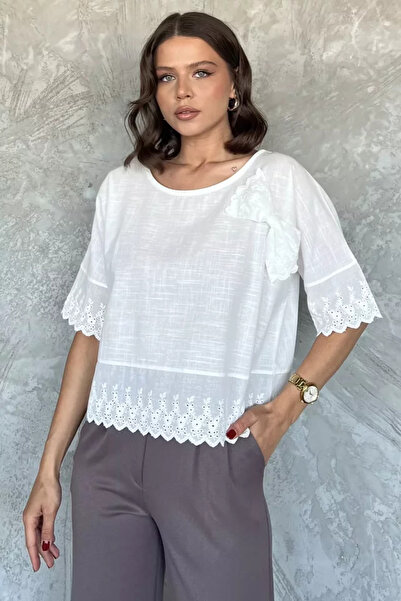 TOZLU Women's Linen Blouse with Ribbon Detail