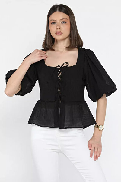 TOZLU Square Neck Tie Front Women's Blouse