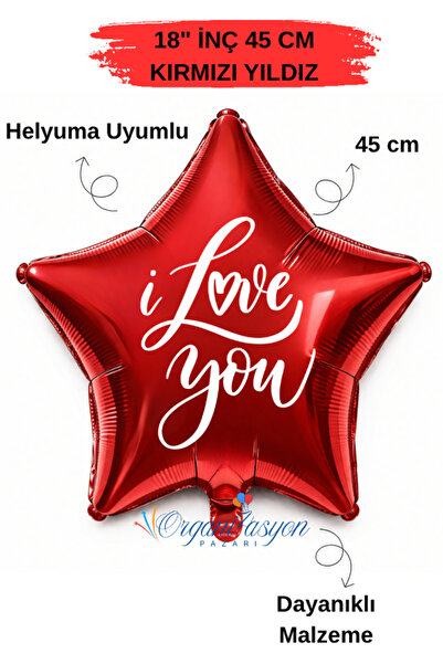 Organizasyon Pazarı 18 Inch 45 cm Foil Balloon |   I Love You Printed |   Val...