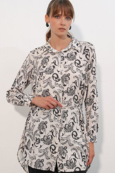 Merterium Women's Patterned Long Shirt Tunic 1567 - Black