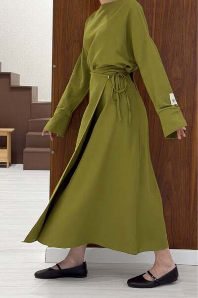 fayaboutique.com Oil Green Vivre Wrap Dress with Lace Detail Linen Set