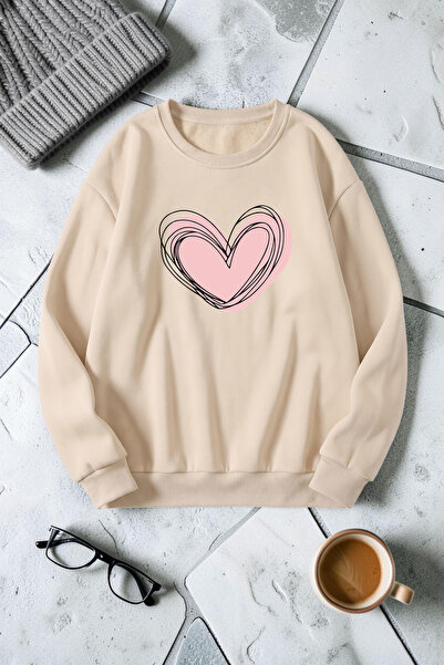 uyguntarz Unisex Cream Heart Printed Crew Neck Sweatshirt