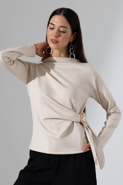 Sabr Women's Modal Side Buckle Draped Long Sleeve Blouse
