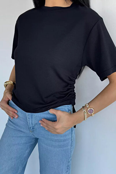 TOZLU Women's Crew Neck Blouse with Side Gather Detail
