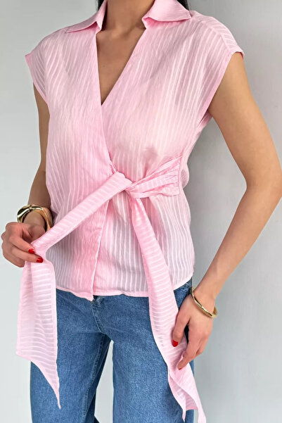 TOZLU Women's Double Breasted Collar Tie Blouse