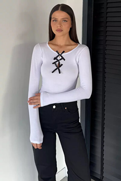 TOZLU Long Sleeve Women's Body Blouse with Bow Detail on the Front