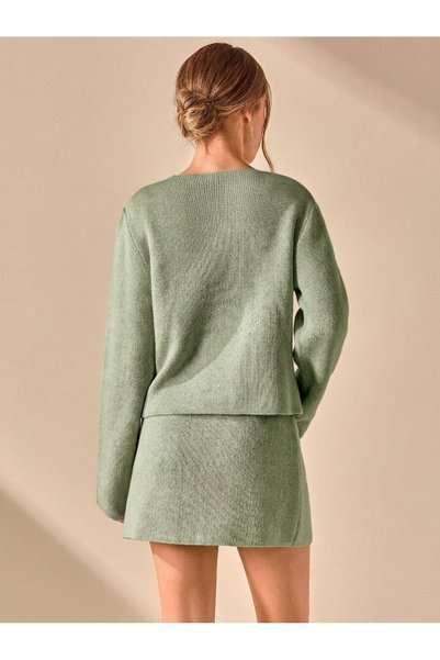 Puella Tkm0006 Women's Mint Color Buttoned Cardigan-Mini Skirt Knitwear Bottom-Top Set