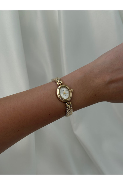 Kadın Gold Oval Kadranlı Vintage Bileklik Tasarım Çelik Kordon Analog Quartz Kol Saati - Bordo – Krem – Yeşil