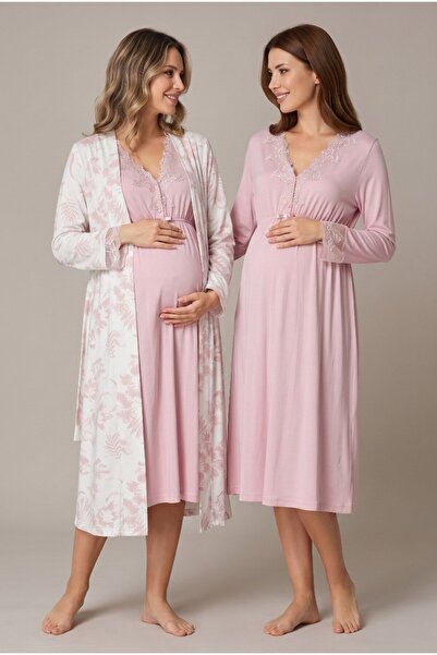Pelin Women's Powder Floral Patterned Buttoned Lace Long Sleeve Dressing Gown...