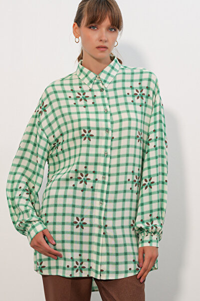 Merterium Women's Long Checkered Shirt Tunic 1565 - Green