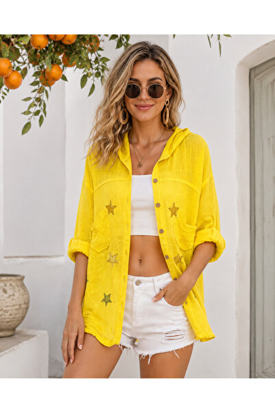 Butik Şans Women's Mesh Detailed Sequined Star Figured Seasonal Jacket Shirt