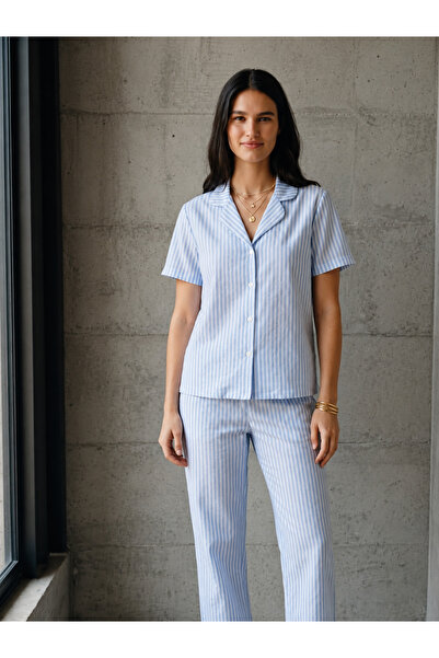 FİT WOMEN V-Neck Buttoned Casual Blue Pajama Set