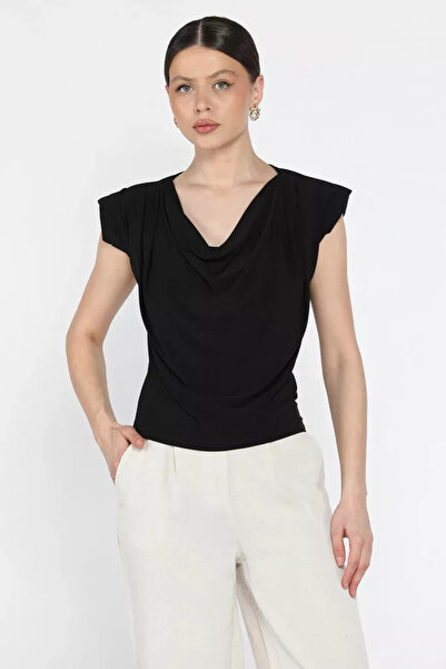 TOZLU Draped Women's Blouse with Shoulder Pads