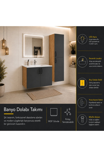 trakya banyo Banyo dolabı seti ahşap antrasit 80'lık alt dolap boy dolap sera...