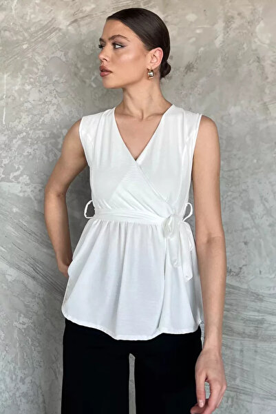 TOZLU Double-Breasted Collar, Elastic Waist, Zero Sleeve Women's Blouse