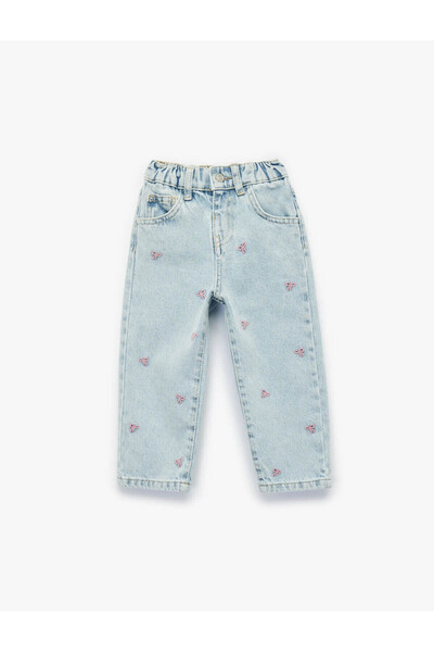Koton Cotton Bow Embroidery Detailed Elastic Waist Denim Trousers