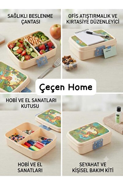 ÇEÇEN HOME Multi-Purpose Compartmented Lunch Box with Patterned Lid, Office S...