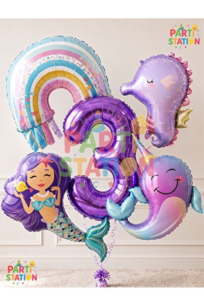 Parti Station Deniz Kızı Temalı Balon Seti 3 Yaş - 5 Parça Ekstra Büyük Boy R...