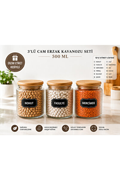 Glass&Grace 3’lü 500 ML Ahşap Kapaklı Çizgili Kavanoz Seti – Premium Tasarım,...
