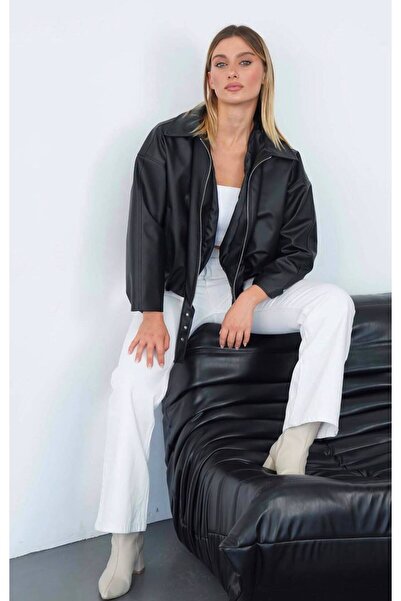 FEMİNEER.com ZR Siyah Deri Bomber Ceket