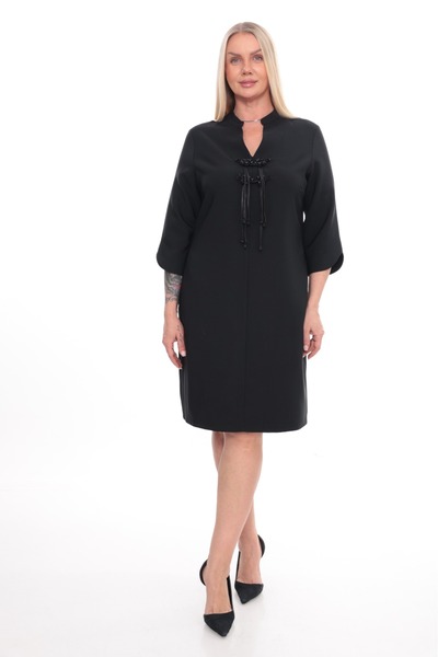 etselements Plus Size Women's Black Front Lace-Up High-Neck Dress