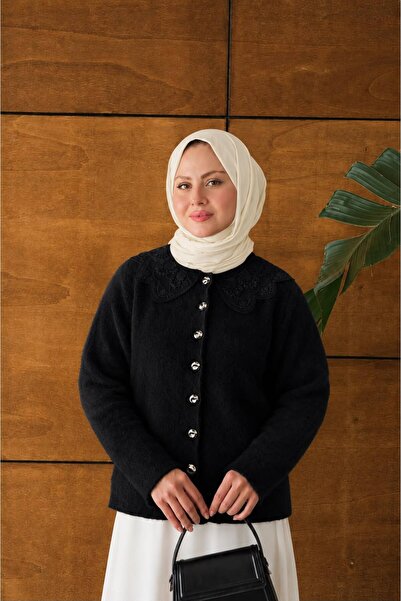 DAĞON'S Women's Beard Knitwear Cardigan with Lace Collar