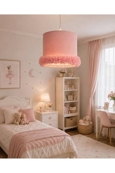 lalin Pembe Çiçekli Sarkıt Avize - Dekoratif Kumaş Modern Tavan Lambası