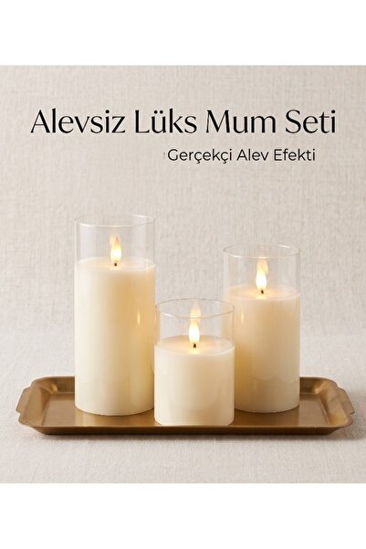 lstri Gerçek Alev Efektli LED Mum Seti (3’lü) – Dekoratif Led Dumansız Mum PLED Sütun Mumları Düğün Ev Dekorasyonu Pil ile Yanıp Sönen Alevsiz Mum Işığı