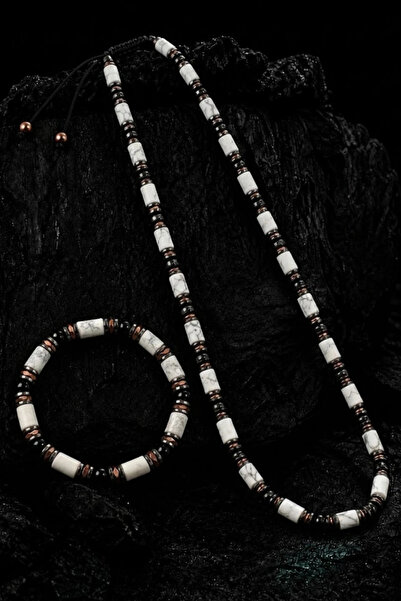 OSMANLI GÜMÜŞ Men's Howlite Hematite and Onyx Necklace Bracelet Set with Orig...