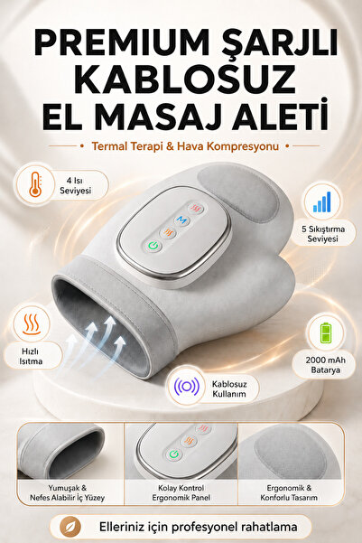 Yussraw Premium Şarjlı Kablosuz El Masaj Termal &Hava Kompresyonlu Terapi 4 Isı 5 Sıkıştırma EL MASAJI ALETİ