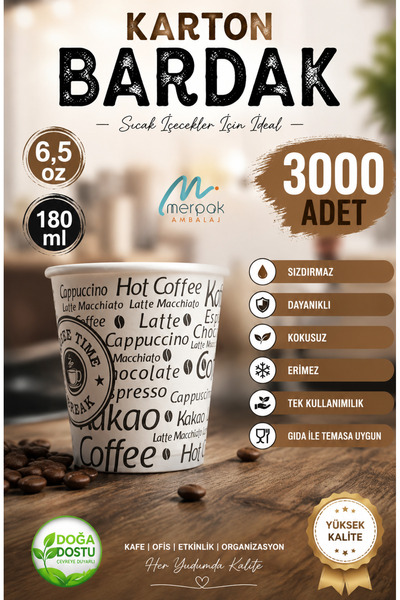 Merpak Ambalaj Karton Bardak 6,5 Oz 3000'li(KOLİ) Erimez Dayanıklı Sızdırmaz Kağıt Bardak Kullan At Bardak 3000 Adet