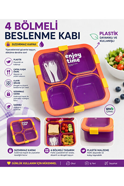 MUZEKO ENJOY 4 Bölmeli Gıdaya Uygun Plastik Yemek Kabı Sızdırmaz Kapaklı Taşı...