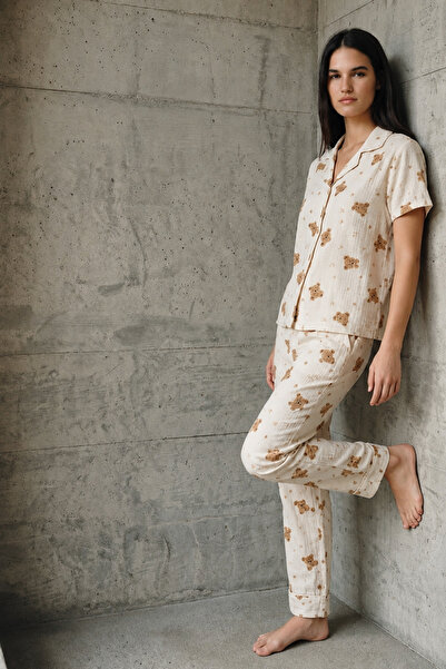 FİT WOMEN V-Neck Buttoned Casual Off-White Pajama Set