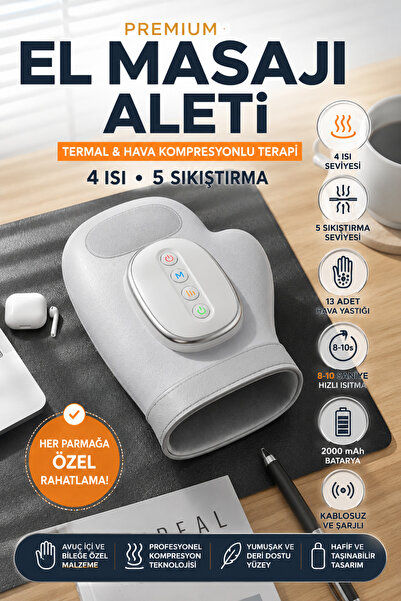 Yussraw Premium Şarjlı Kablosuz El Masaj Termal &Hava Kompresyonlu Terapi 4 I...