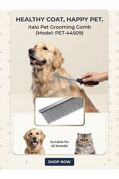 matt Italo Stainless Steel Pet Grooming Comb – Professional Deshedding Tool w...